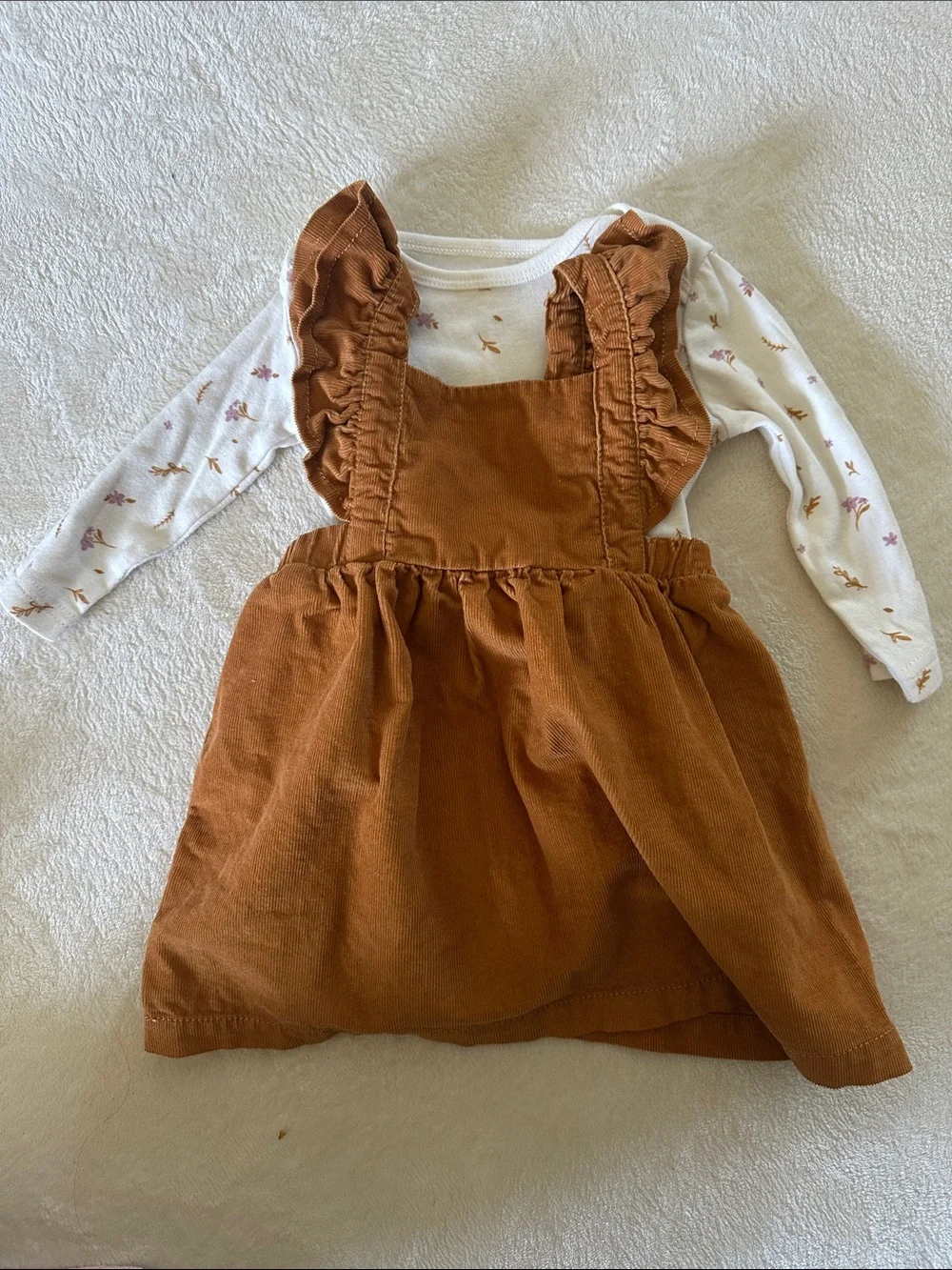 Carter's Rust Brown Corduroy Ruffle Dress with White Floral Long Sleeve Onesie